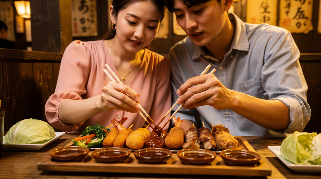 오사카 쿠시카츠 먹는법의 첫 번째 철칙: 소스 2번 찍기 금지